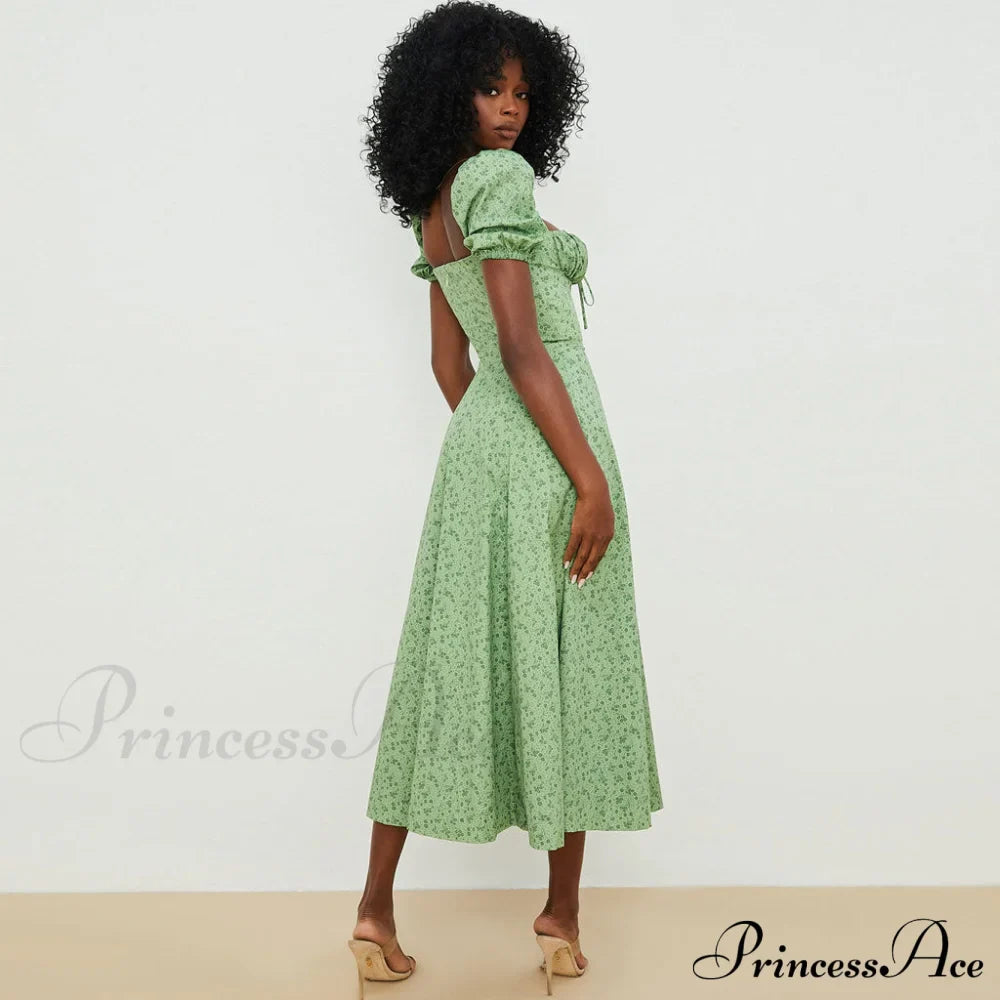 Daisy Printed Puff Sleeve High Slit Sophisticated Smock Maxi Sundress - Dark Yellow
