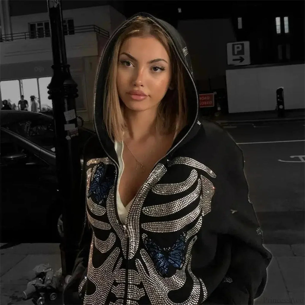 Dark Skeleton Butterfly Zip Hoodie