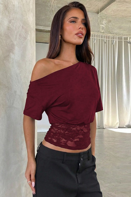 Asymmetric Off Shoulder Lace Waist Slim Crop T-Shirt