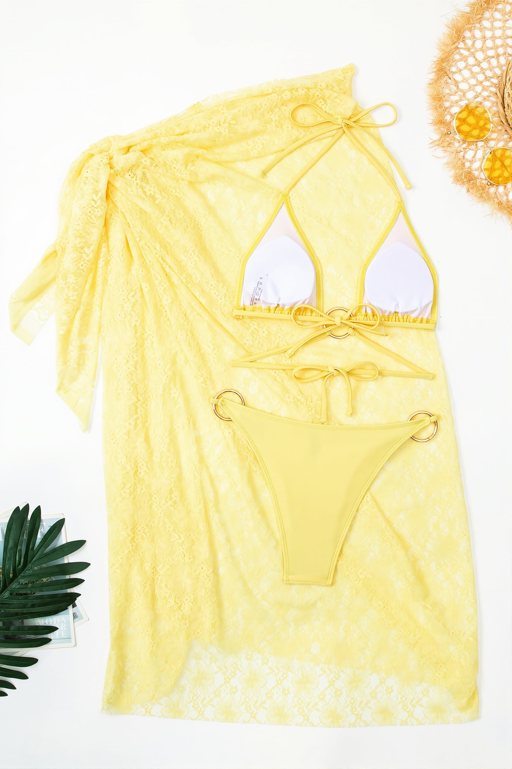 Solid Lace Cover Up Bikini Set Three Piece Swim Sets