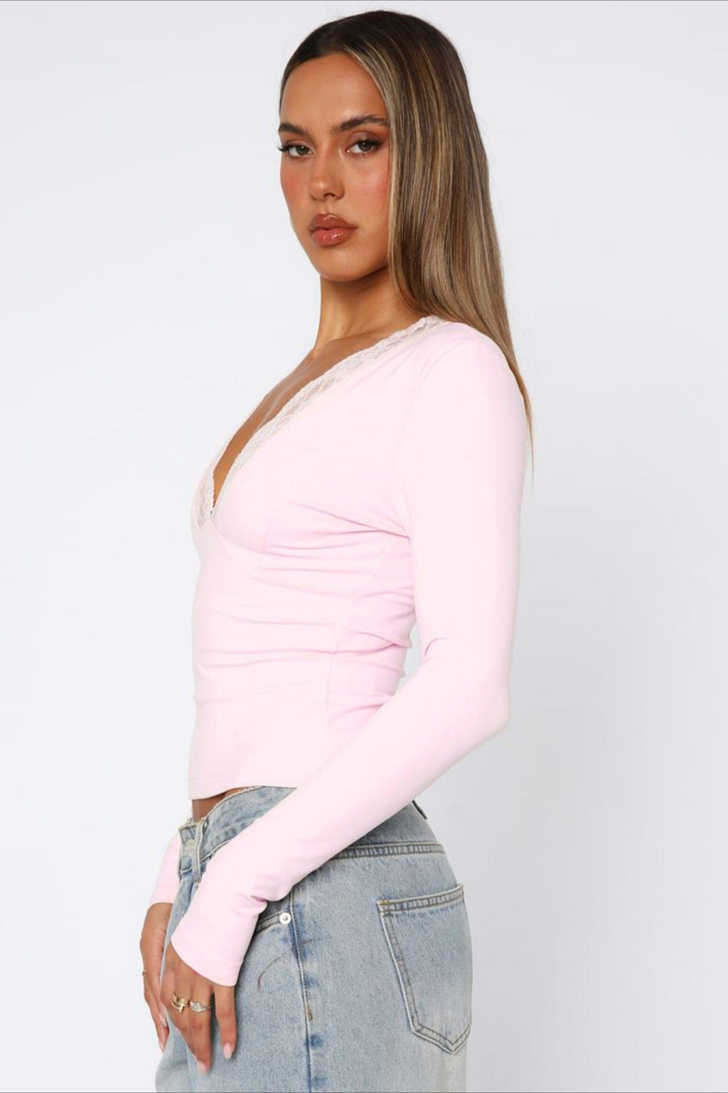 Solid V Neck Lace Slim Blouse