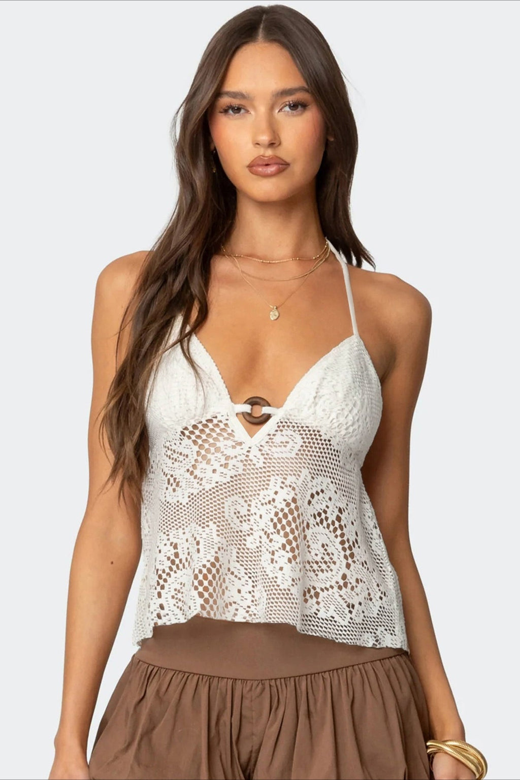 Boho Cutout V Neck Lace Halter Top