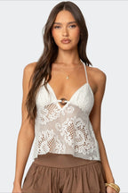 Boho Cutout V Neck Lace Halter Top