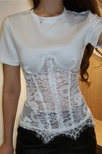 Lace Sheer Patchwork Cropped T-Shirt