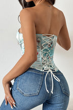 Color Block Backless Lace Up Boned Corset Blouse