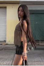 Embroidered Mesh Tank Top With Rhinestones