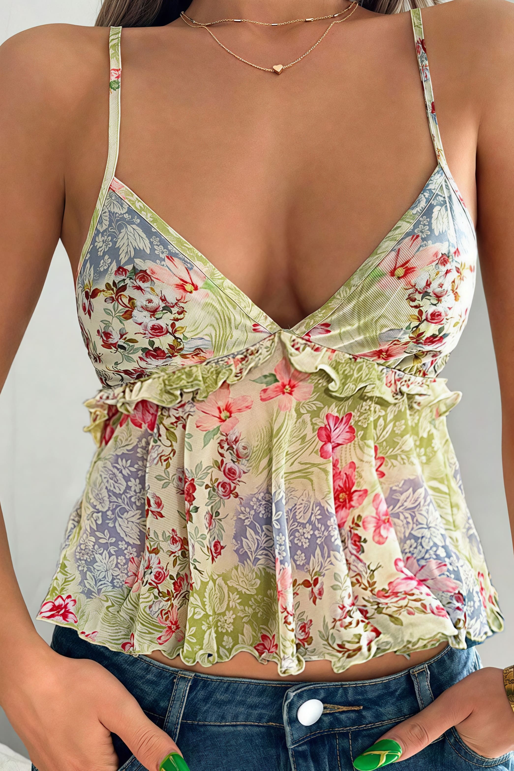 Sheer Print Ruffle Cami Top