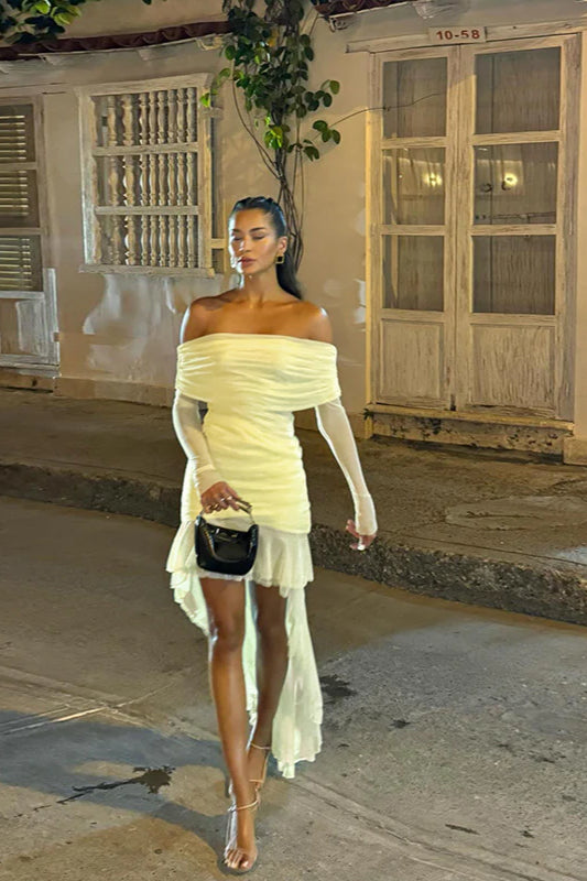 Fall Slim-Fit Pleated Off-Shoulder Party Dress