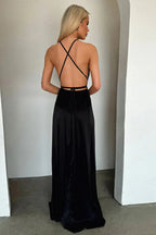 Satin V-Neck Waist-Cinching Split Dress Party