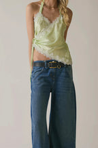 Jacquard Lace Tie Cropped Halter Top