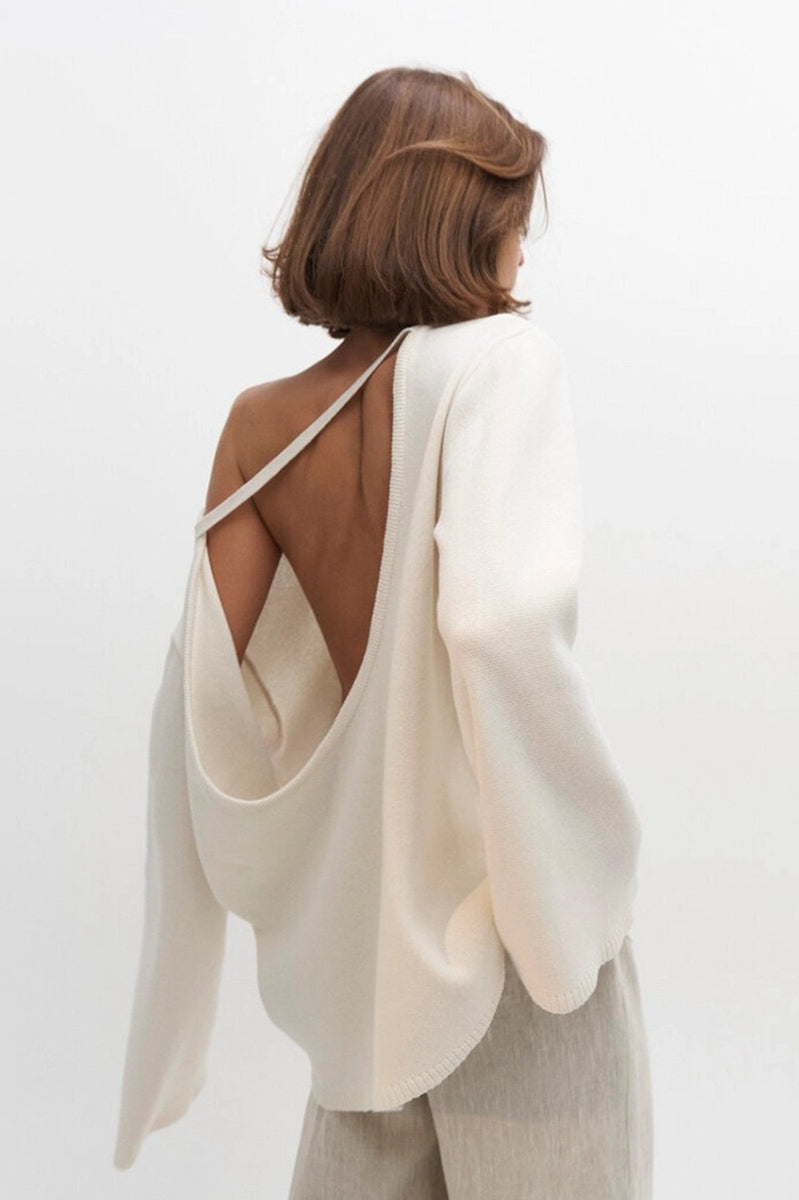 Cotton Pullover Open-Back Loose Knit Top
