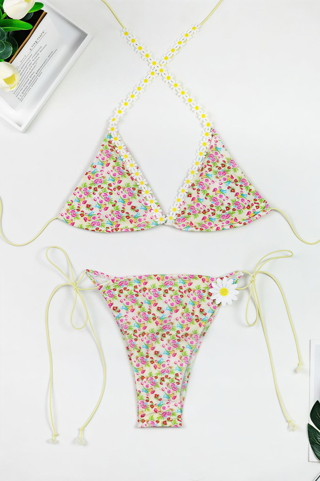 Floral Print High Waist Lace Up Bikini Sets