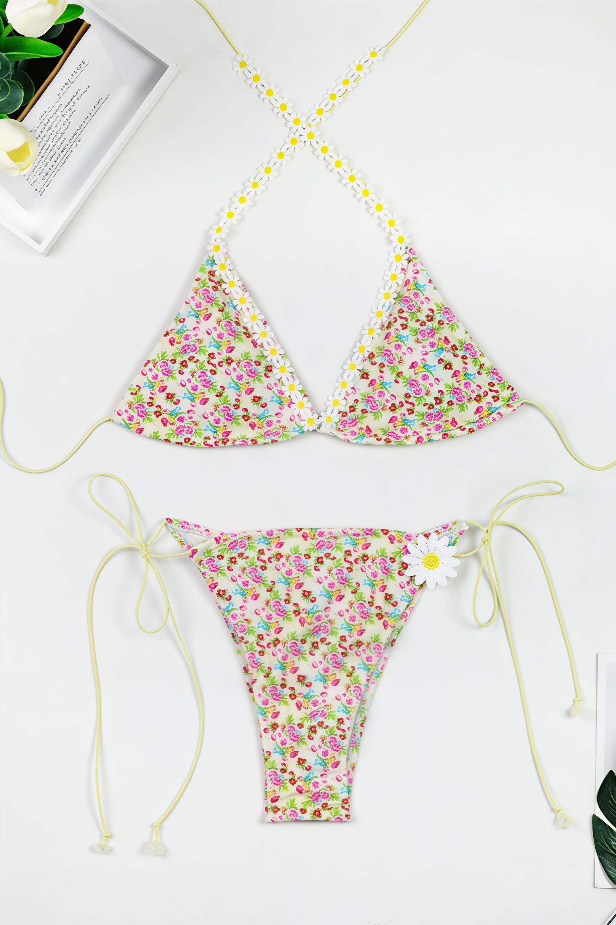 Floral Print High Waist Lace Up Bikini Sets