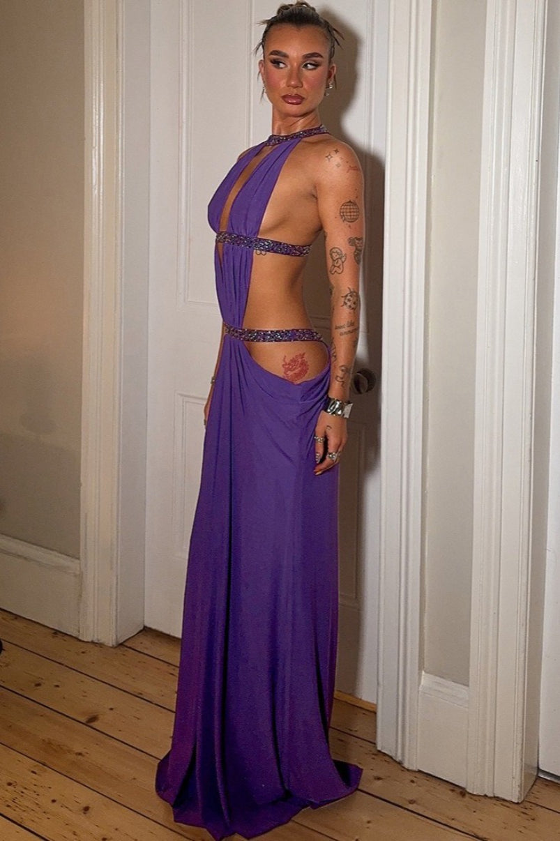 Elegant Cutout Rhinestone Backless Maxi Dress