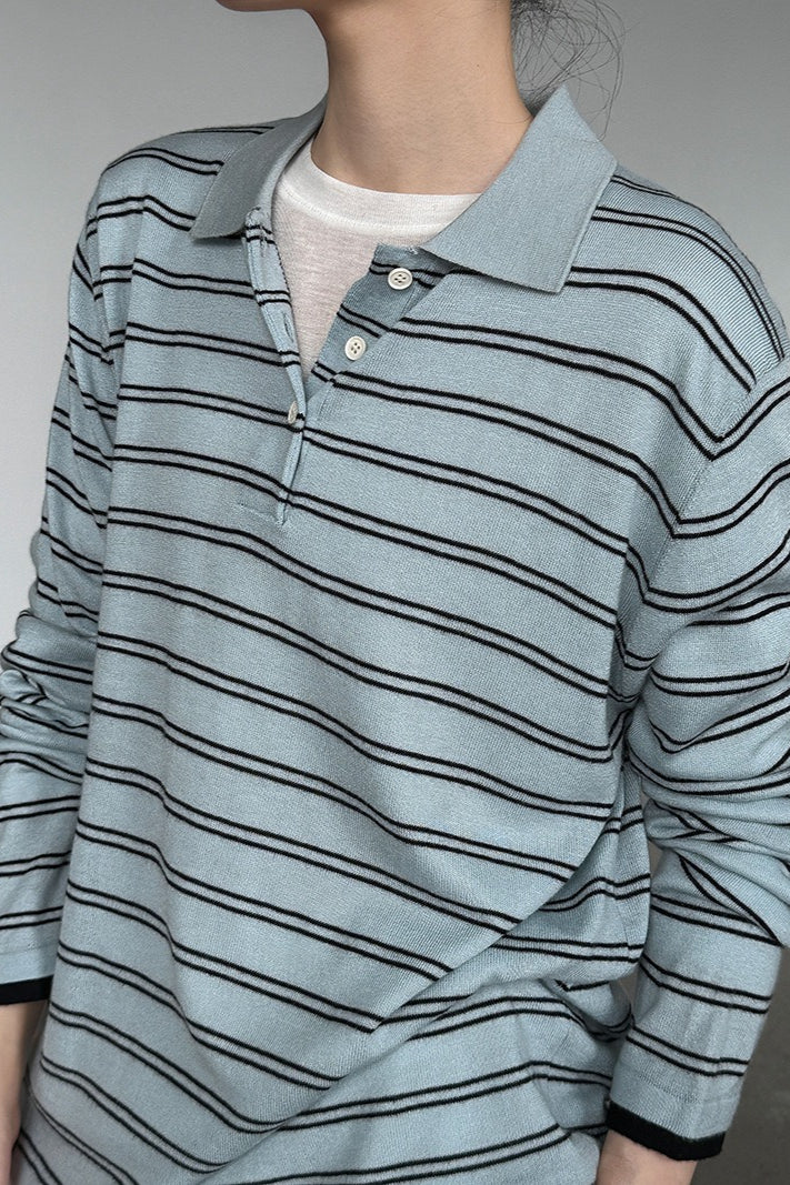 Soft Wool Striped Polo Collar Long Sleeve Tee