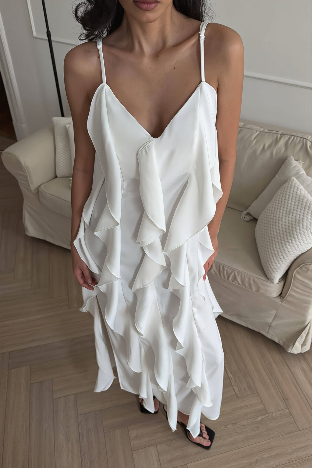Ruffle Trim V Neck Cami Slip Maxi Dress