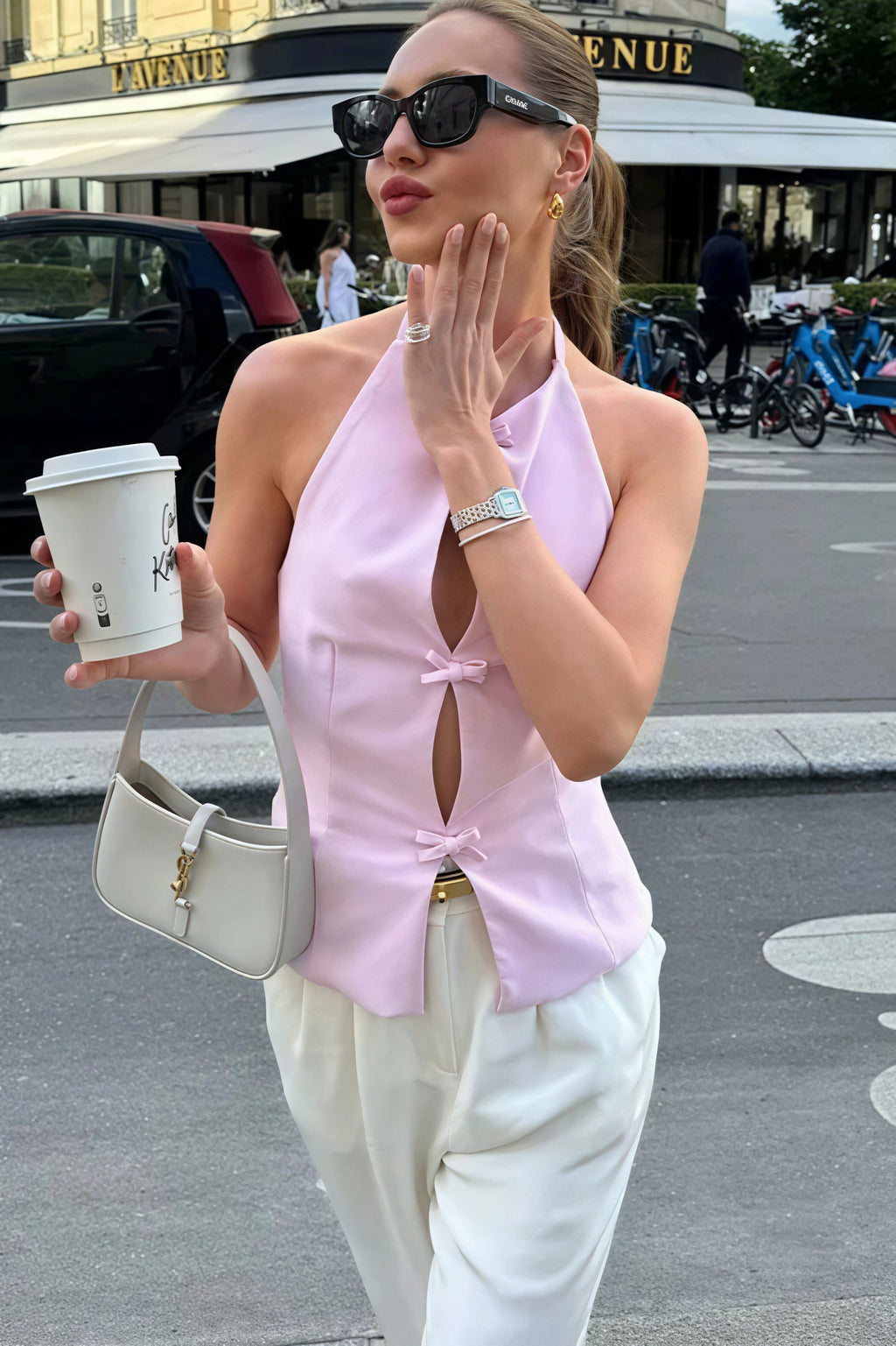 Elegant Hollow Out Bow Halter Neck Top