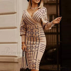 Deep - Party V-Neck Plaid Gown Long Hip Streetwear Arm Spring Casual Autumn Striped Vestidos