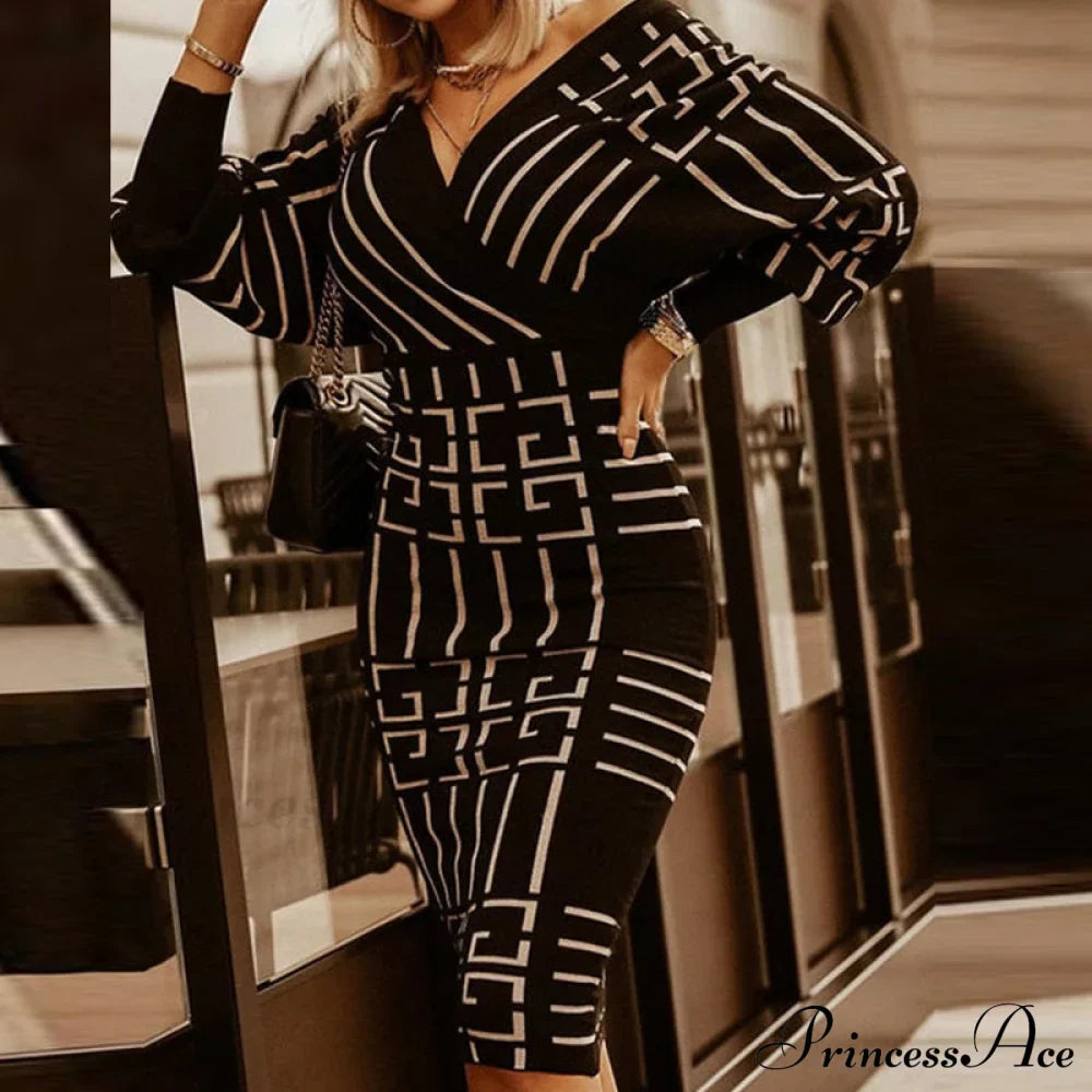 Deep - Party V-Neck Plaid Gown Long Hip Streetwear Arm Spring Casual Autumn Striped Vestidos