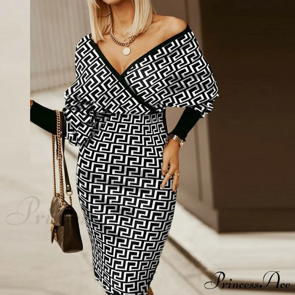 Deep - Party V-Neck Plaid Gown Long Hip Streetwear Arm Spring Casual Autumn Striped Vestidos