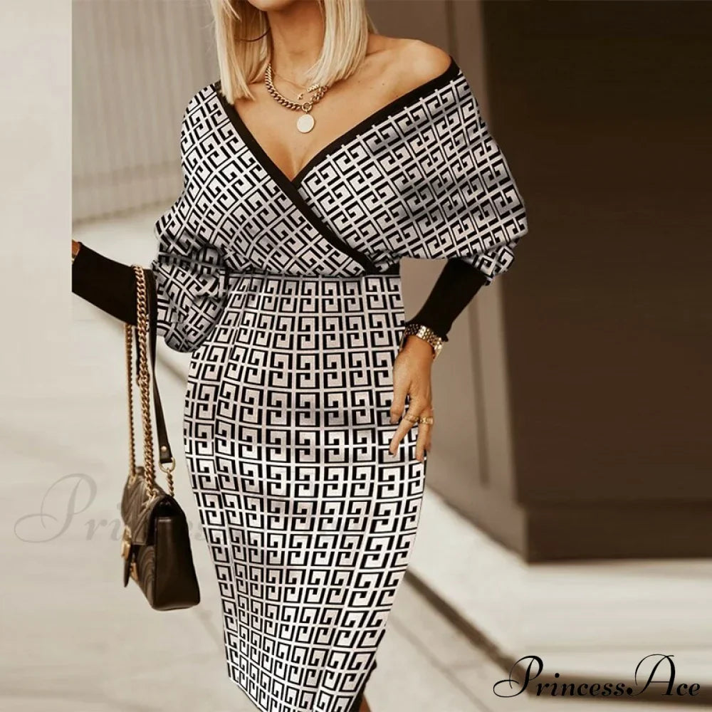 Deep - Party V-Neck Plaid Gown Long Hip Streetwear Arm Spring Casual Autumn Striped Vestidos