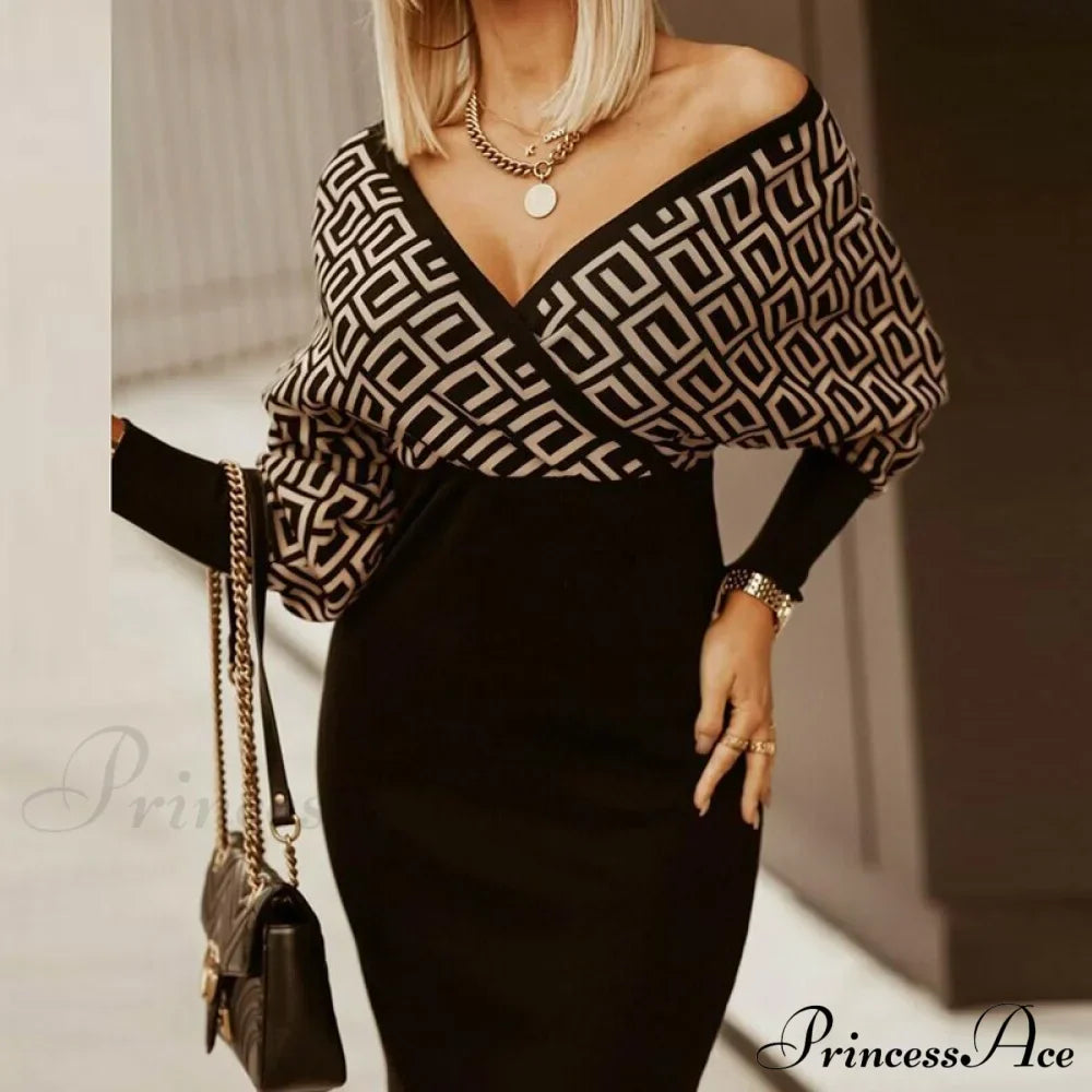 Deep - Party V-Neck Plaid Gown Long Hip Streetwear Arm Spring Casual Autumn Striped Vestidos