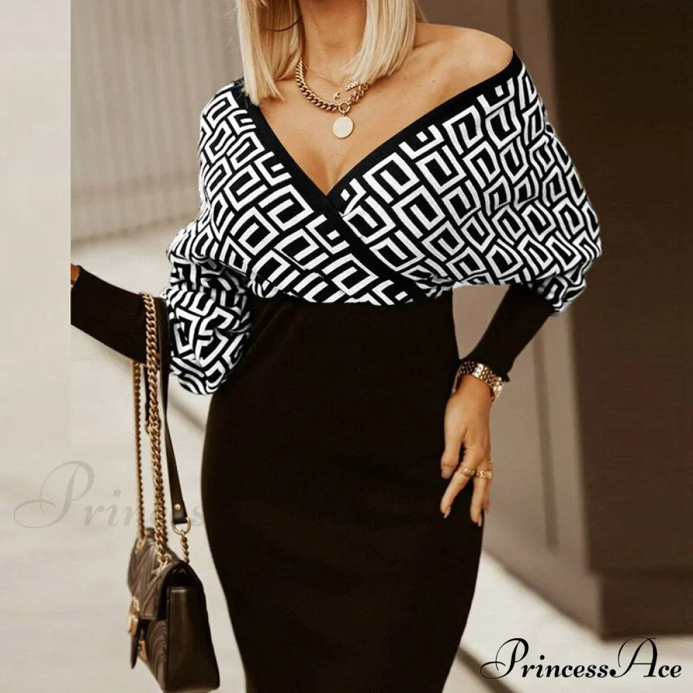 Deep - Party V-Neck Plaid Gown Long Hip Streetwear Arm Spring Casual Autumn Striped Vestidos