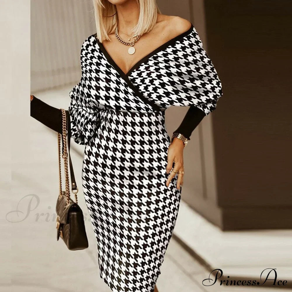 Deep - Party V-Neck Plaid Gown Long Hip Streetwear Arm Spring Casual Autumn Striped Vestidos