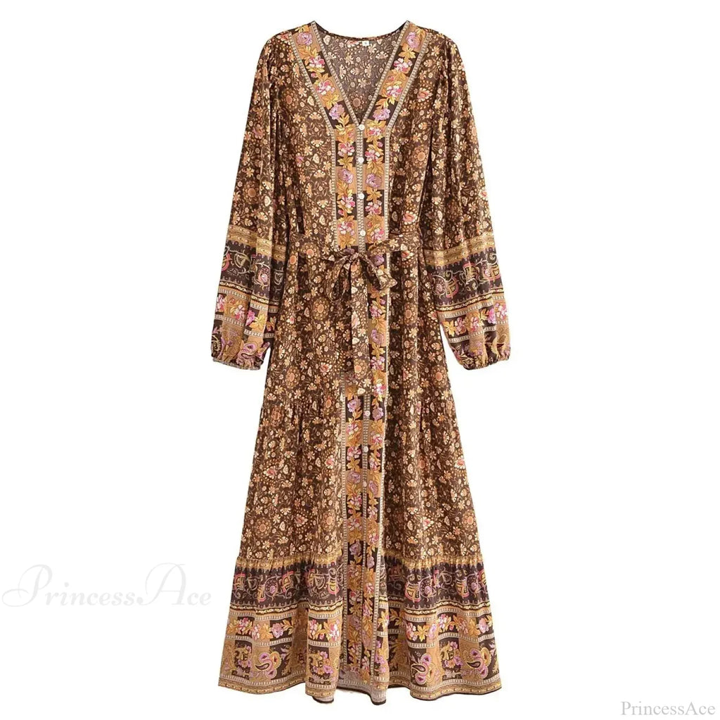 Deep V-Neck Floral Long Sleeve Cotton Boho Dress