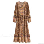 Deep V-Neck Floral Long Sleeve Cotton Boho Dress