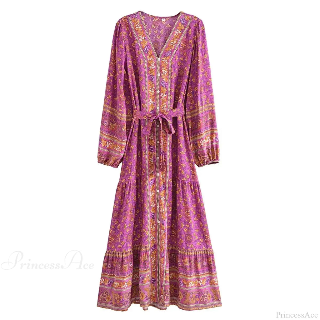 Deep V-Neck Floral Long Sleeve Cotton Boho Dress