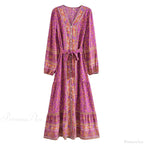 Deep V-Neck Floral Long Sleeve Cotton Boho Dress