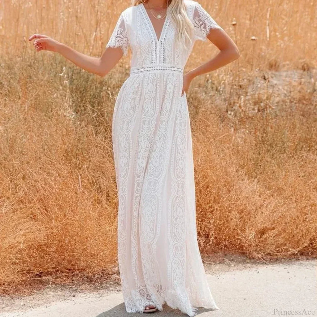 Deep V-Neck Lace Hollow Out Vintage White Boho Dress