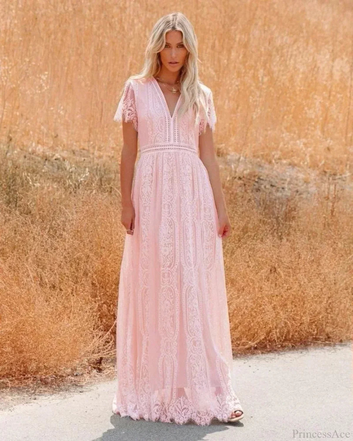 Deep V-Neck Lace Hollow Out Vintage White Boho Dress