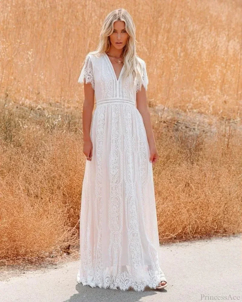 Deep V-Neck Lace Hollow Out Vintage White Boho Dress
