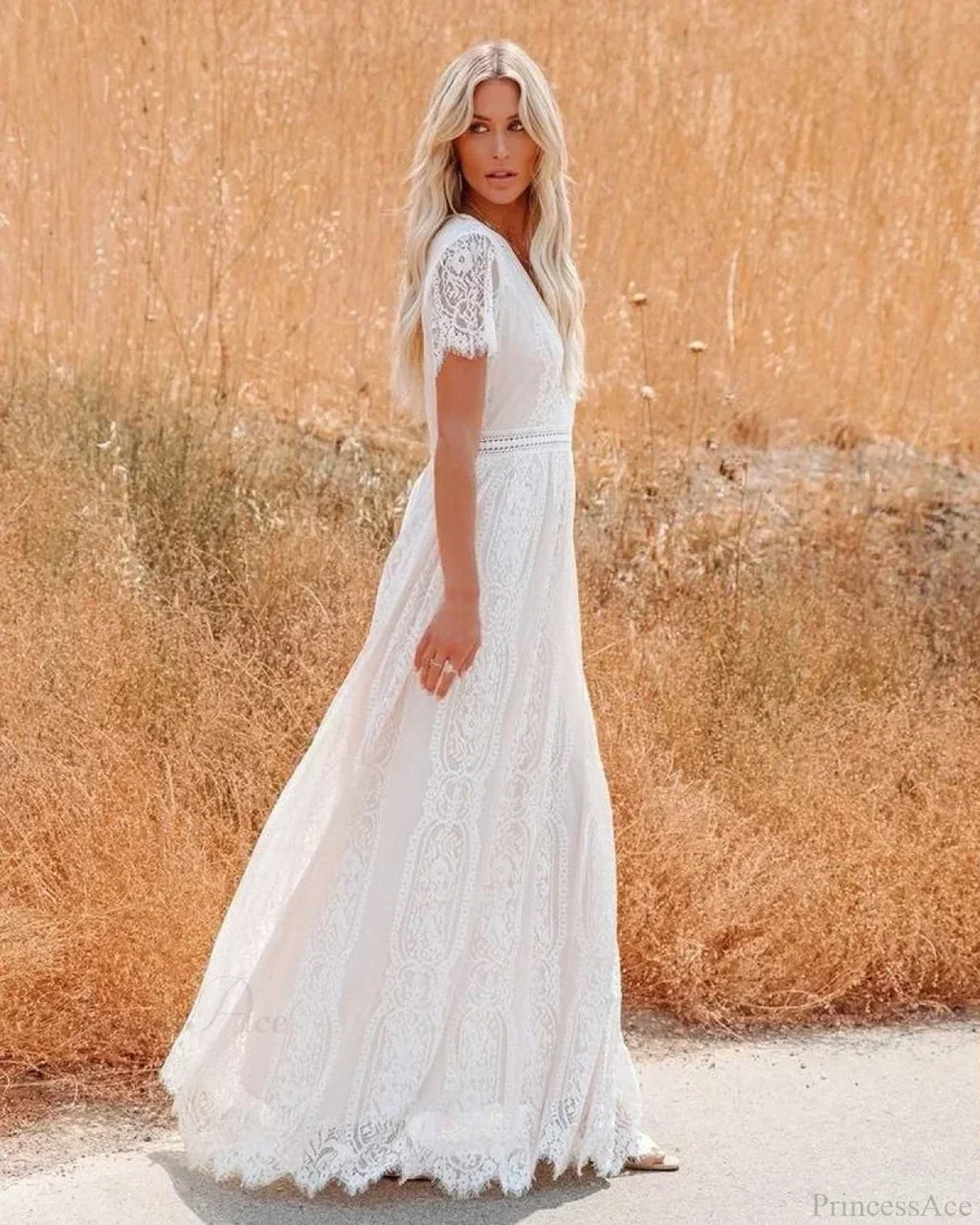 Deep V-Neck Lace Hollow Out Vintage White Boho Dress