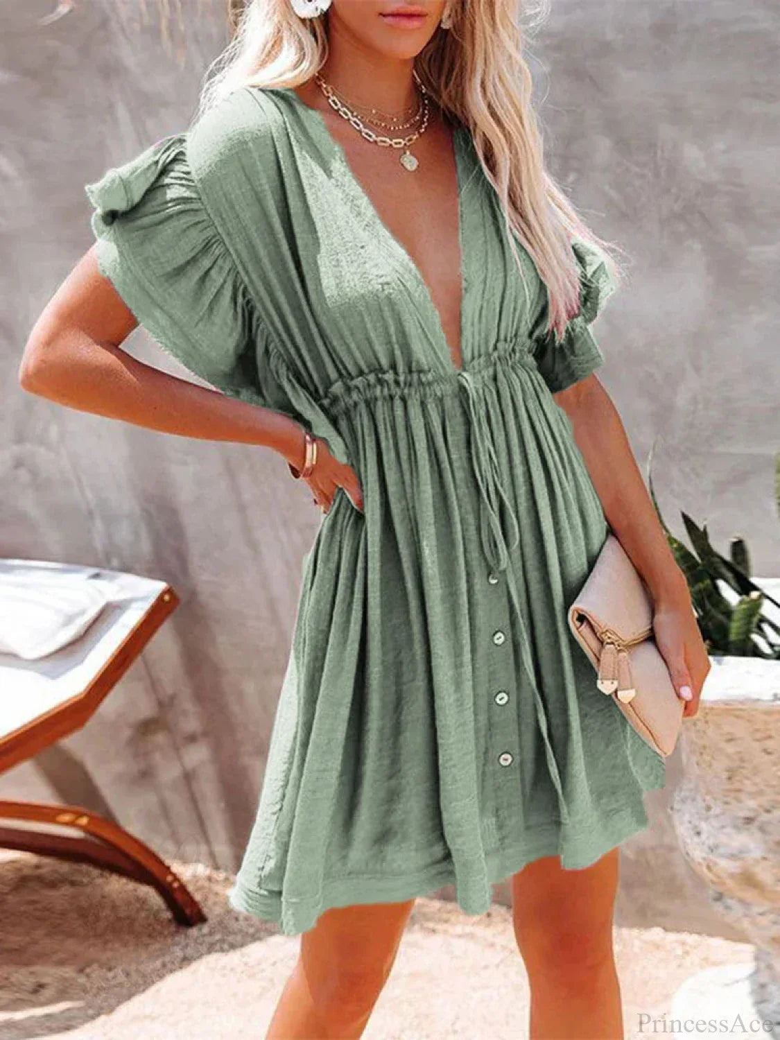 Deep V-Neck Ruffle Lace Up Beach Cover