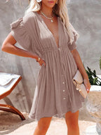 Deep V-Neck Ruffle Lace Up Beach Cover
