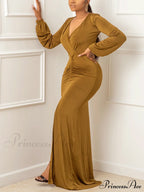 Deep V-Neck Sequins Trendy Slit Maxi Dress