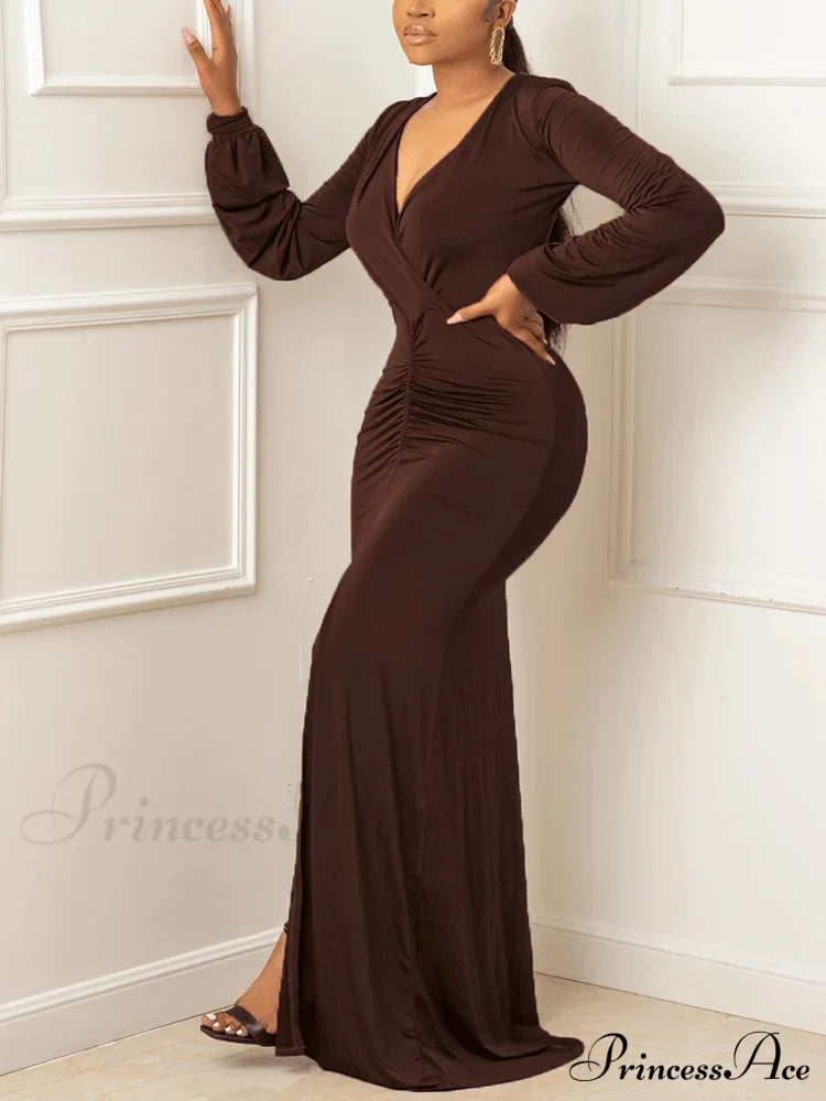 Deep V-Neck Sequins Trendy Slit Maxi Dress