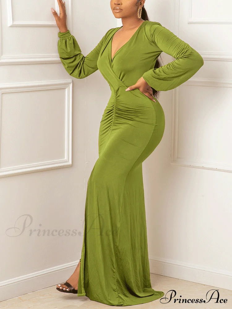 Deep V-Neck Sequins Trendy Slit Maxi Dress