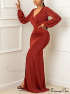 Deep V-Neck Sequins Trendy Slit Maxi Dress