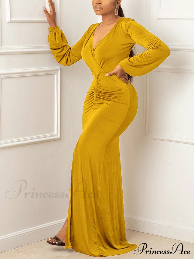 Deep V-Neck Sequins Trendy Slit Maxi Dress