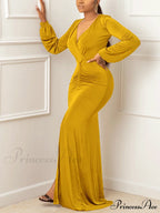 Deep V-Neck Sequins Trendy Slit Maxi Dress