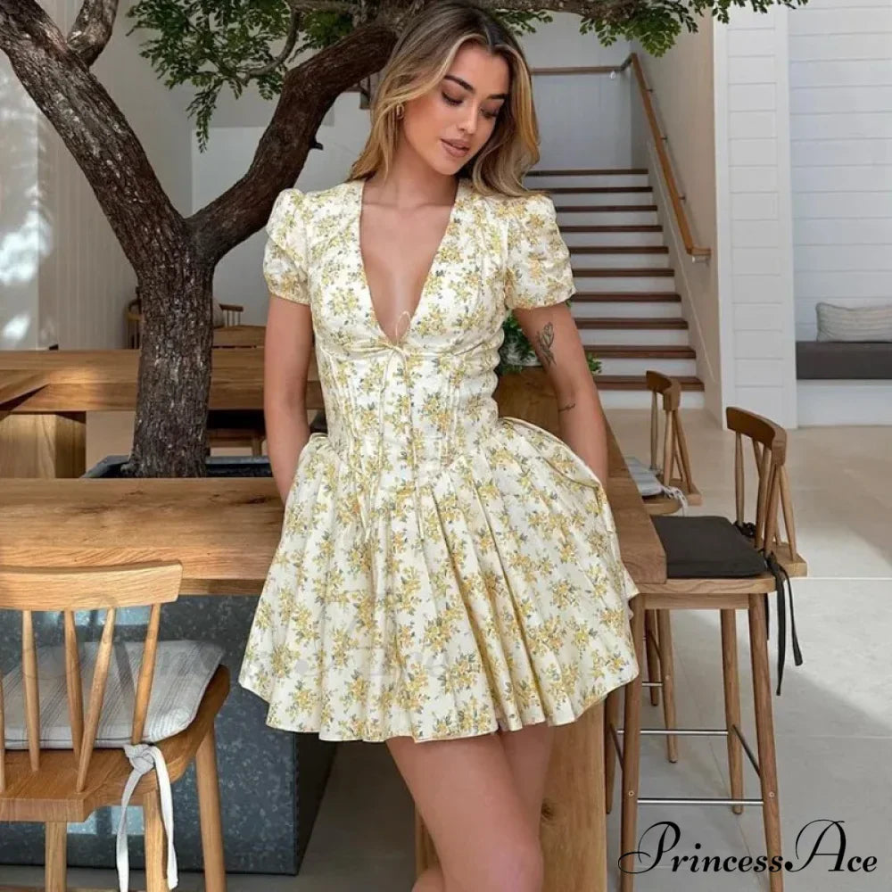 Deep V Short Sleeve Mini Lined Ball Gown Club Party Outfit Summer Floral Dress