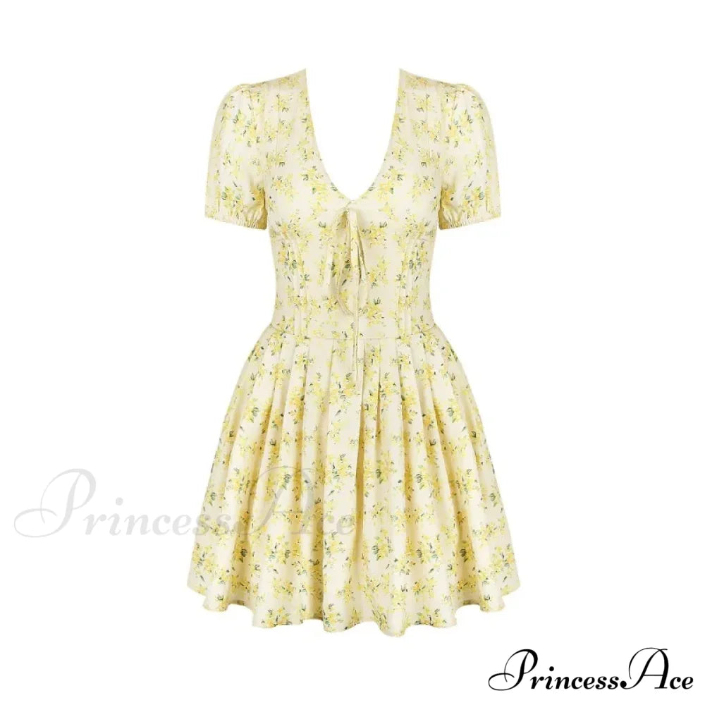Deep V Short Sleeve Mini Lined Ball Gown Club Party Outfit Summer Floral Dress