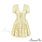 Deep V Short Sleeve Mini Lined Ball Gown Club Party Outfit Summer Floral Dress
