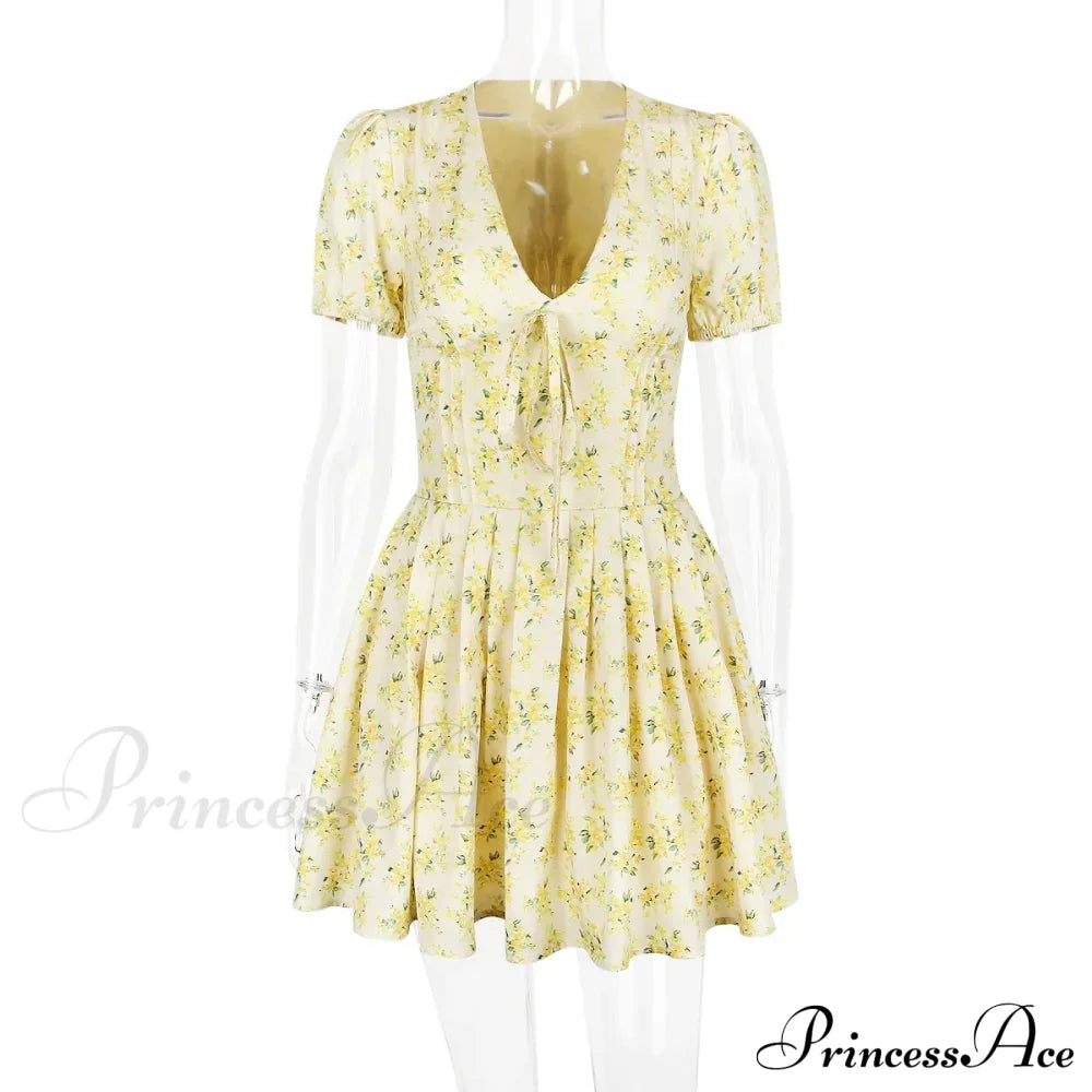 Deep V Short Sleeve Mini Lined Ball Gown Club Party Outfit Summer Floral Dress