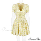 Deep V Short Sleeve Mini Lined Ball Gown Club Party Outfit Summer Floral Dress