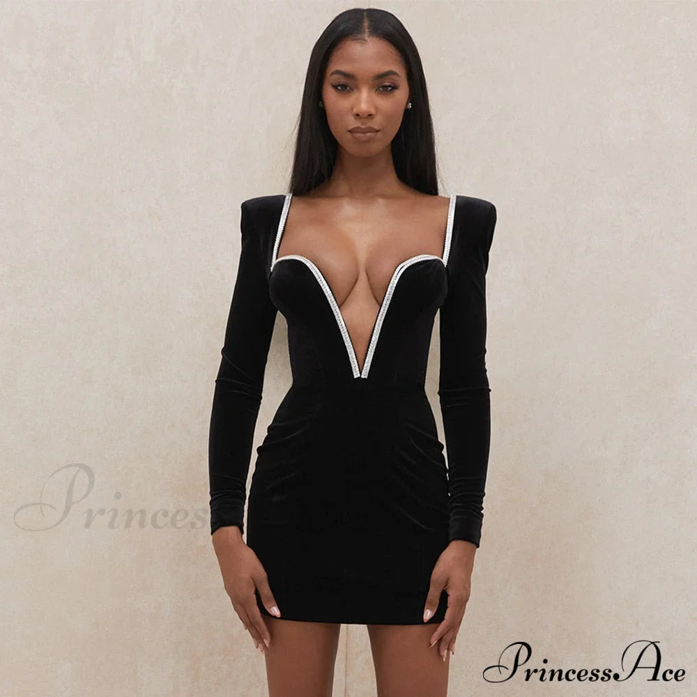 Deep Winter Neck V Gown With Diamante Crystal And Velvet Party Detail